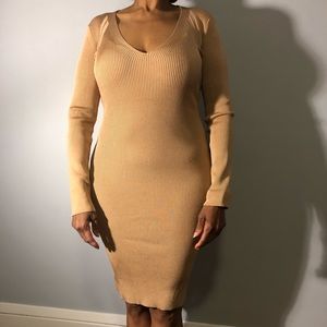 Form fitting long sleeve tan/nude knit dress